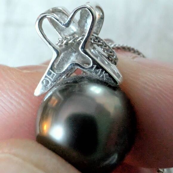 Tahitian 10 mm Cultured Pearl & Diamond 14kt White Gold Necklace - Picture 3 of 10